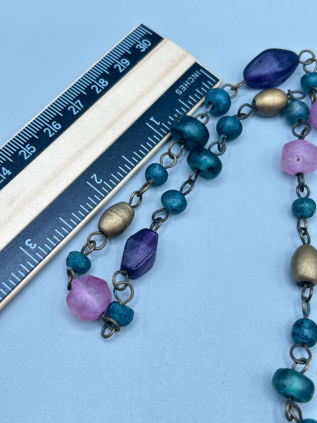 Purple Blue And Pink Pressed Glass Beaded Necklace Dyed Beads 30″ Long Single St