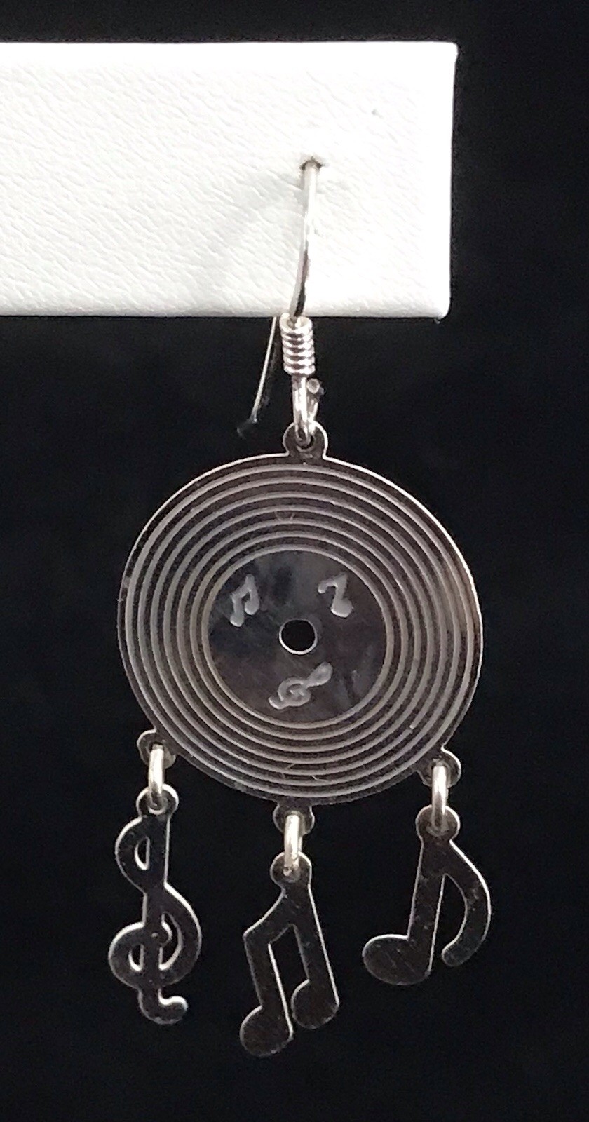 925 Sterling Silver Vinyl Record Earrings Music Notes Dangle Vintage Rock & Roll