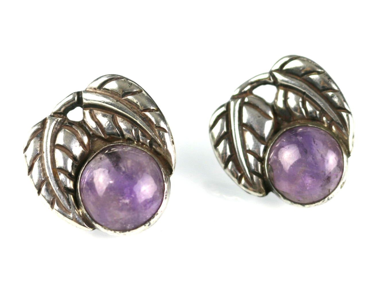 Vintage Los Castillo Taxco Mexico Sterling Amethyst Leaf Screw Clip On Earrings