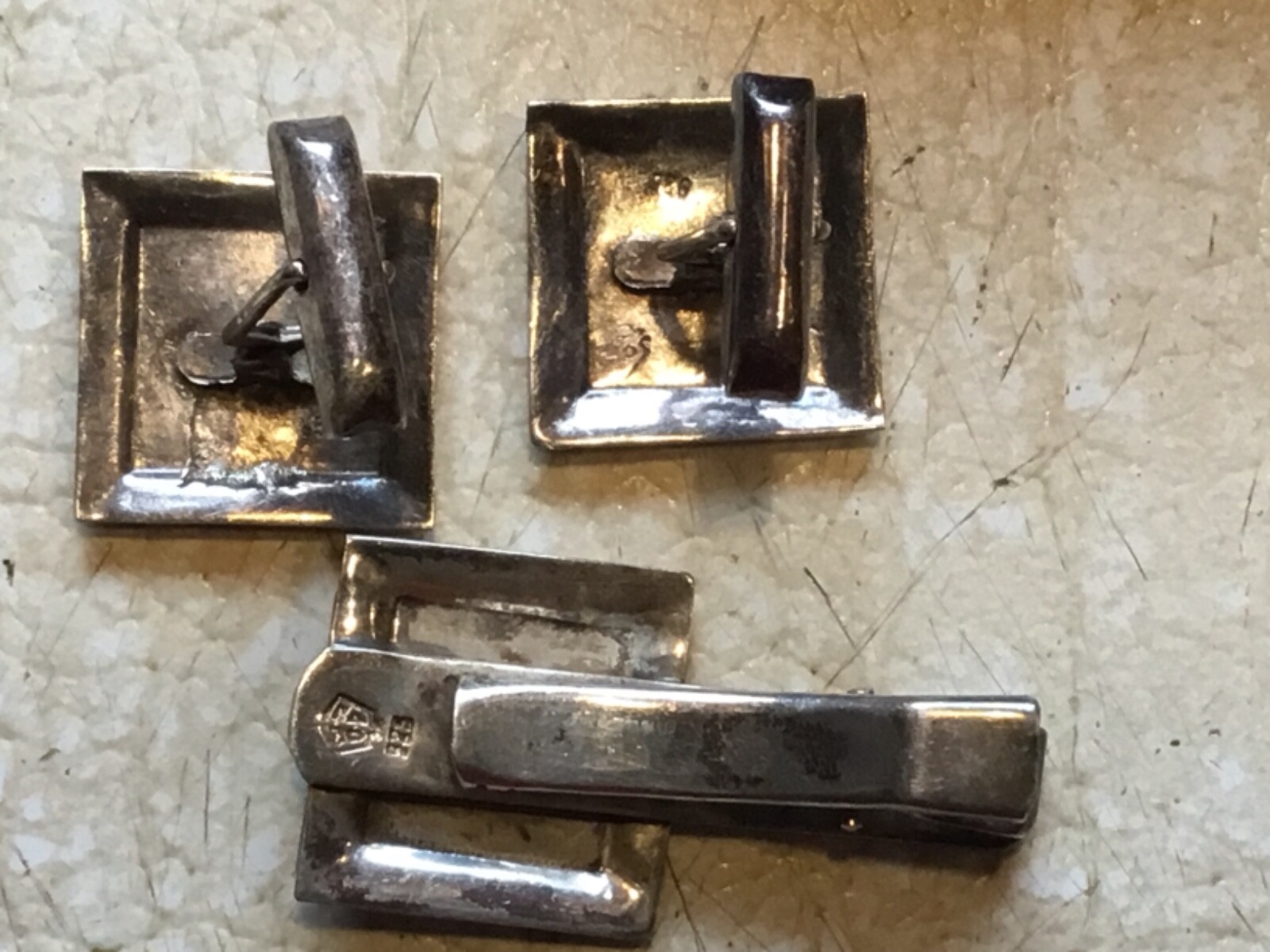 XXX RARE Vintage 925 Sterling SILVER Gold AZTEC Cuff Links Tie Clip hallmark SET