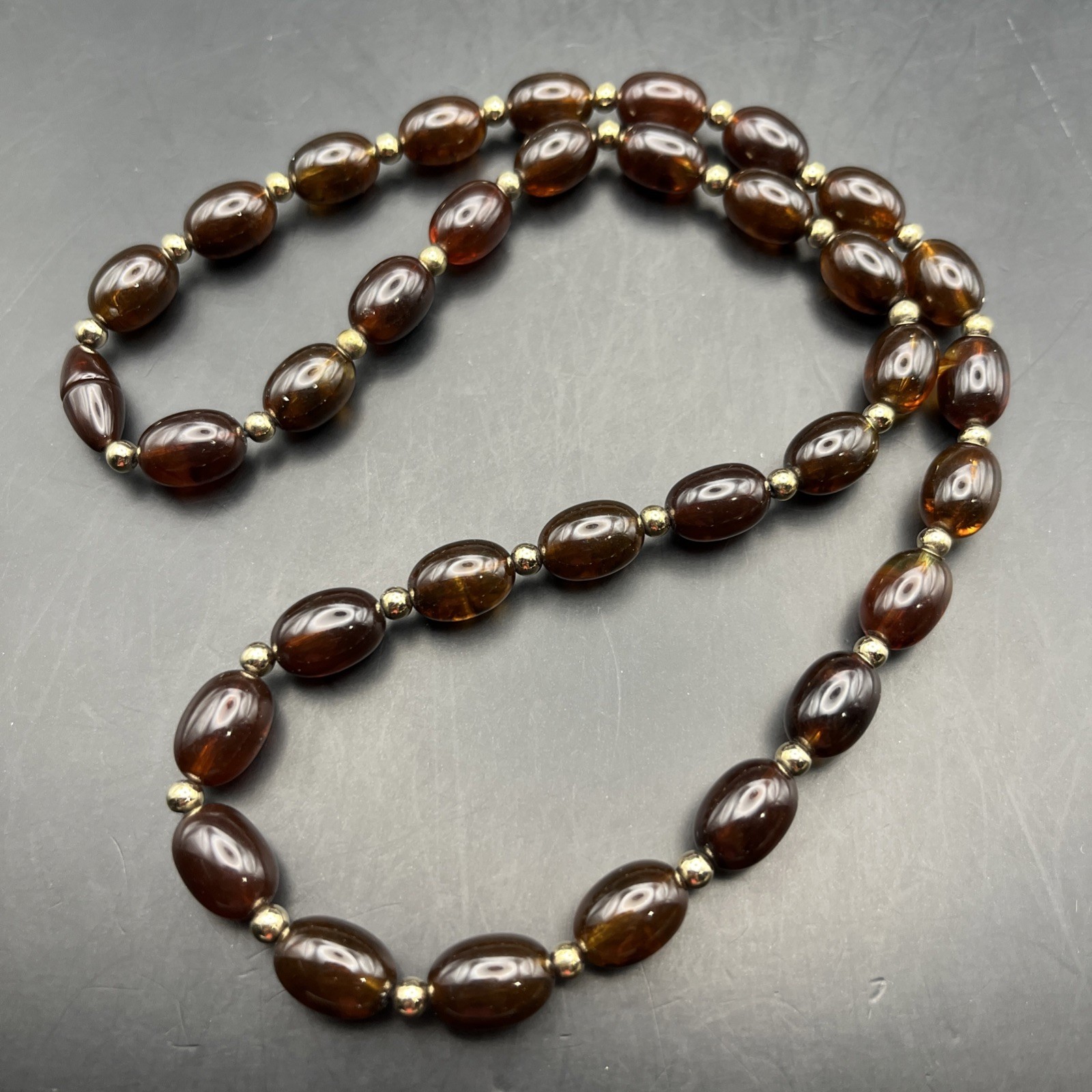 Faux Amber Lucite Necklace Beaded Gold Tone 23 Inch Honey Color Classic Vintage