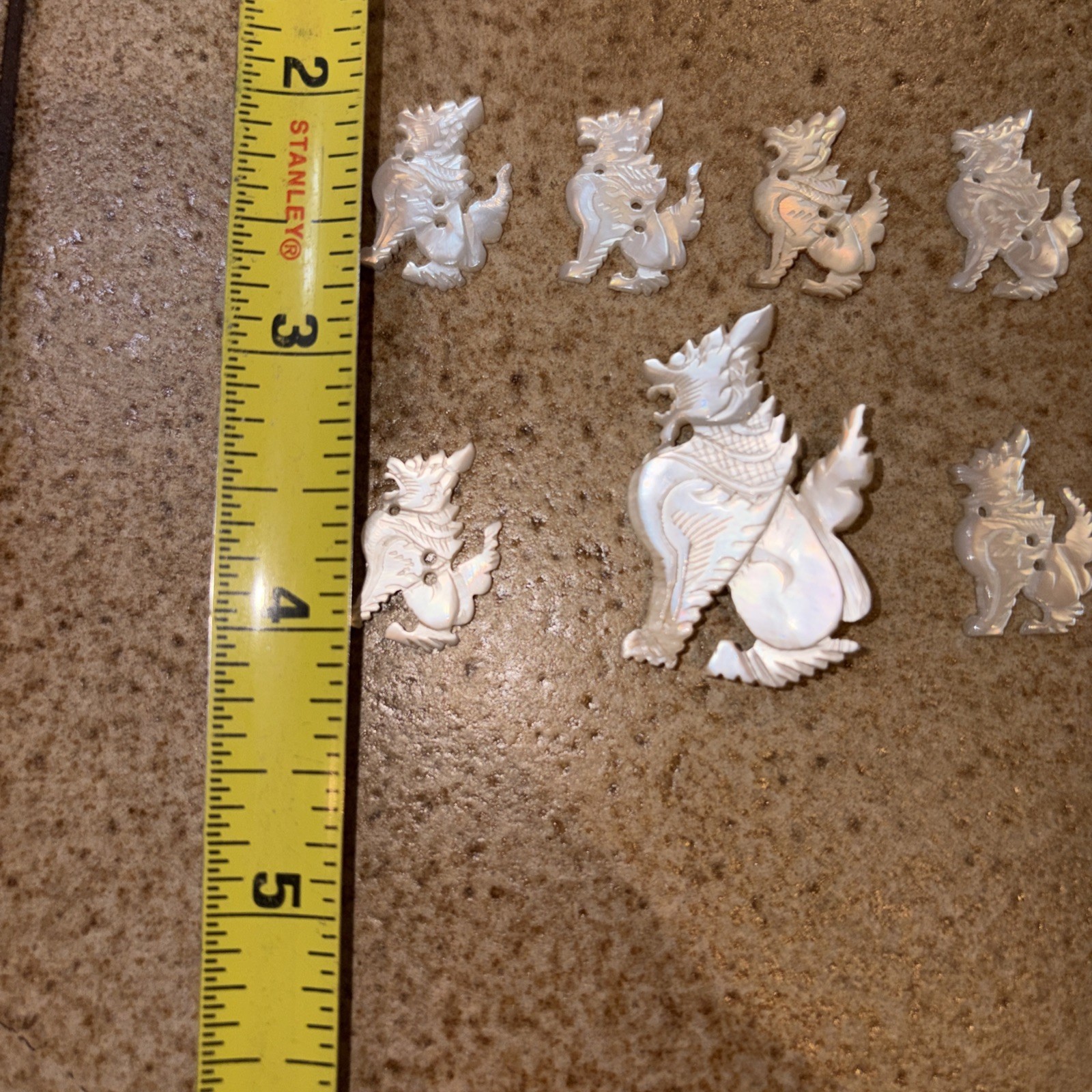 7-Qty Carved Mother Of Pearl Vintage Foo Dog Lion Brooch Pin Buttons MOP