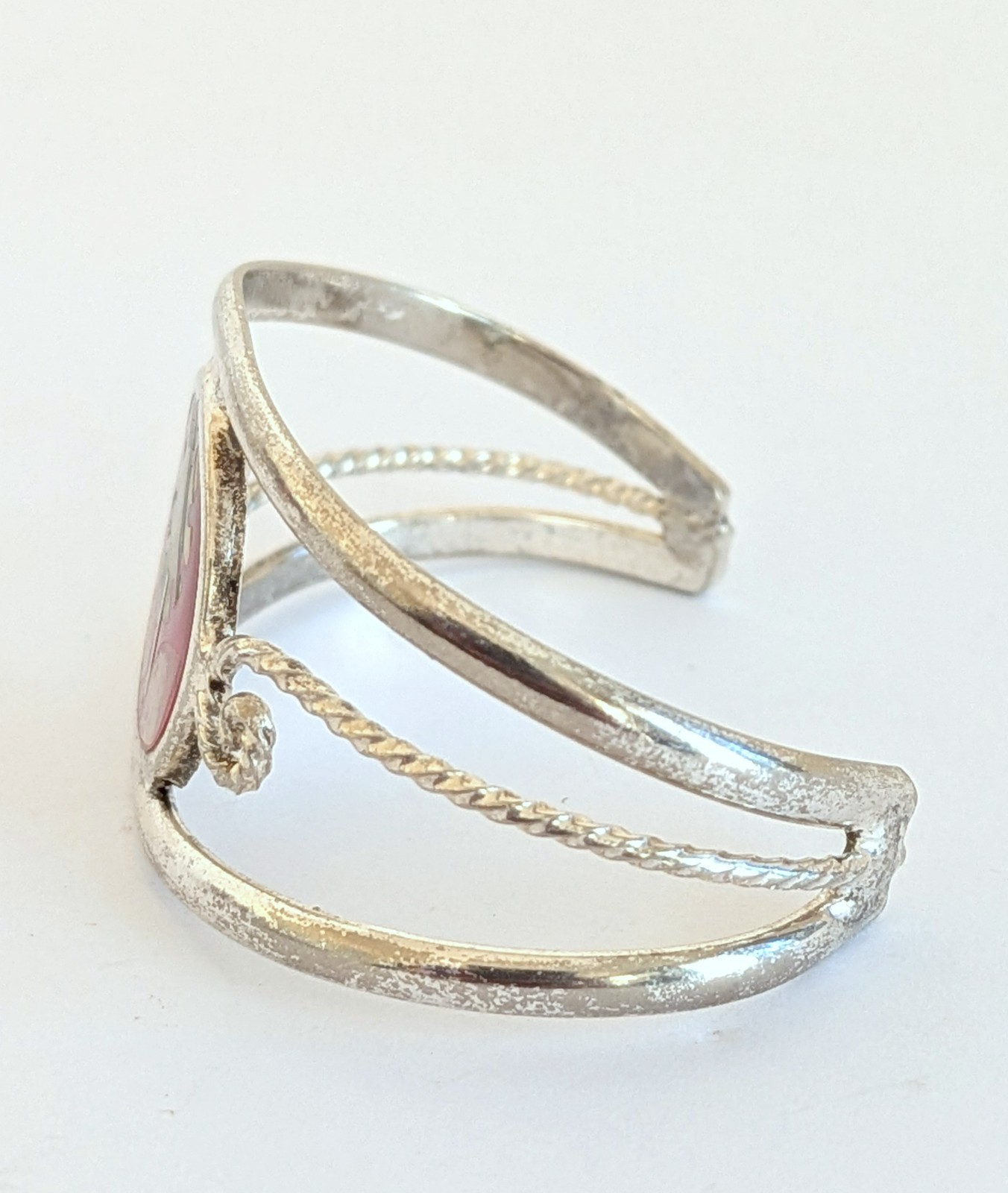 Sweet Alpaca Mexico MOP Inlaid Pink Enamel Childs Silver Cuff Bracelet