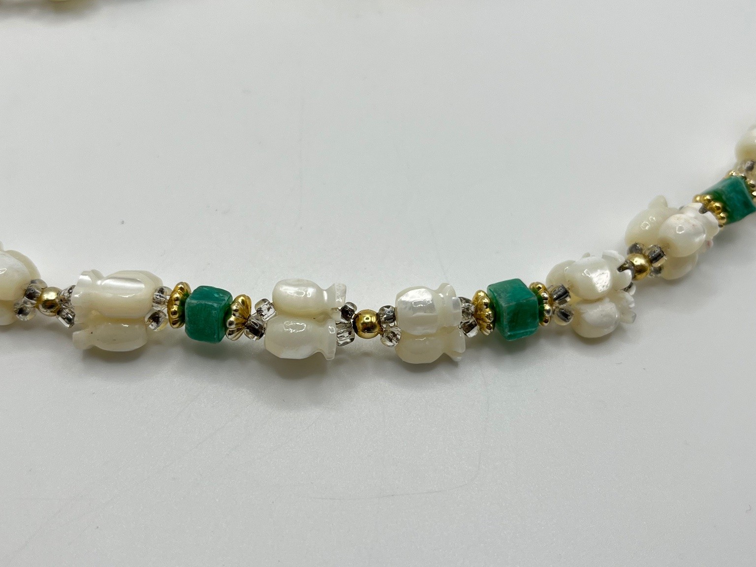 Vintage Ivory Glass and Green Stone Beaded Necklace with Gold Tone Accents 18in