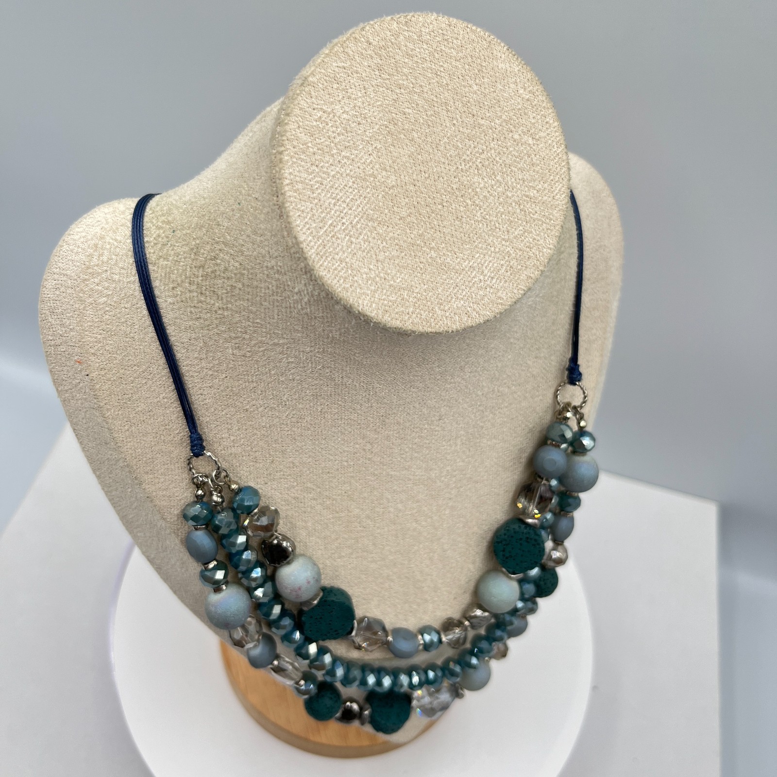 VTG Boho Slate Blue Multi-Strand Statement Necklace Lava Rock Beaded Layered Y2K