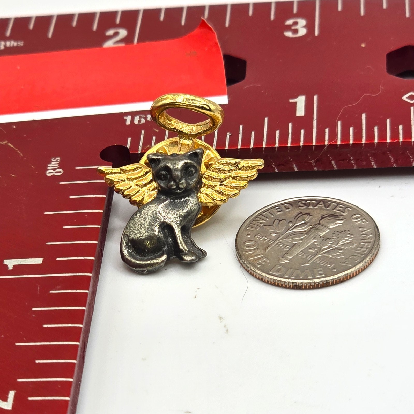 Angel Cat Pin Lapel Vintage Gold Wings Halo Kitty Pewter Minimalist SKU 3107