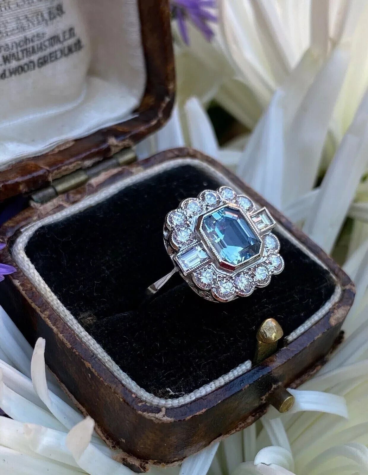 3.5Ct Art Deco Style Aquamarine Lab Created Diamond Engagement 14K White Gold FN