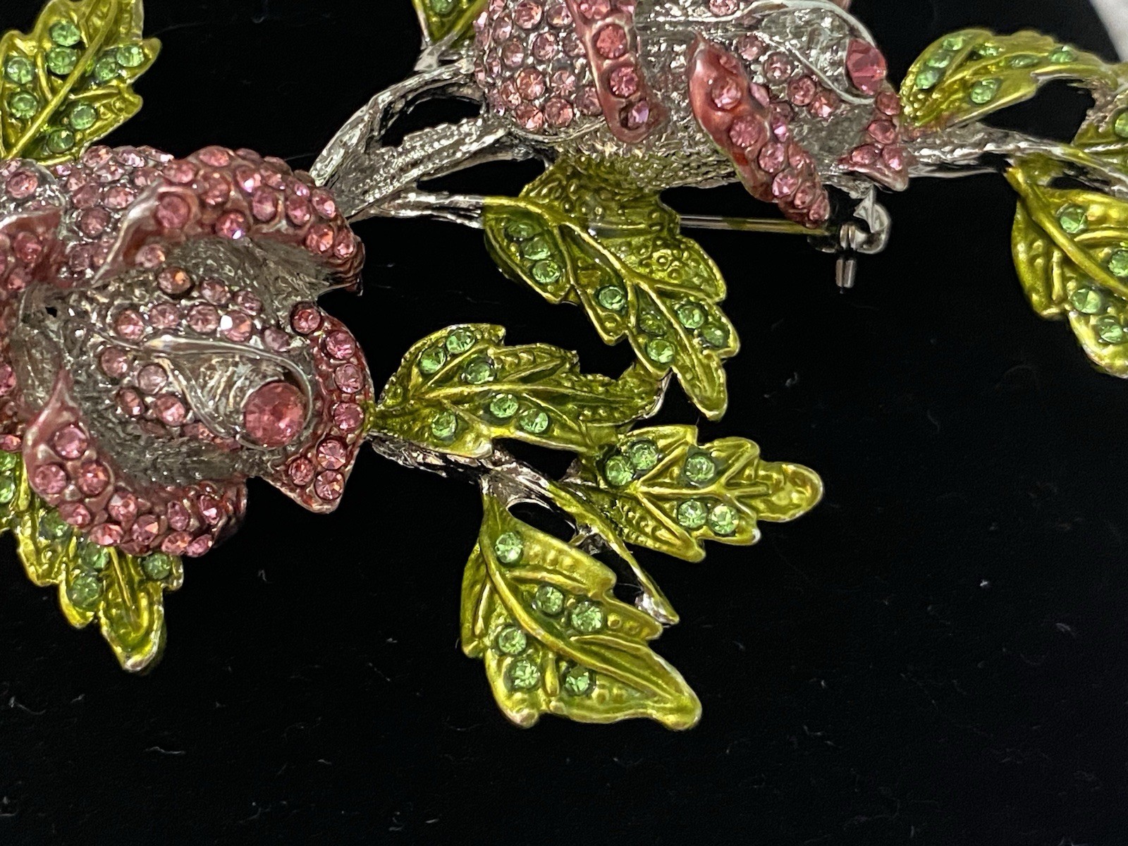 Stunning Large Vintage Pink And Green Sparkling Stones Flower Brooch