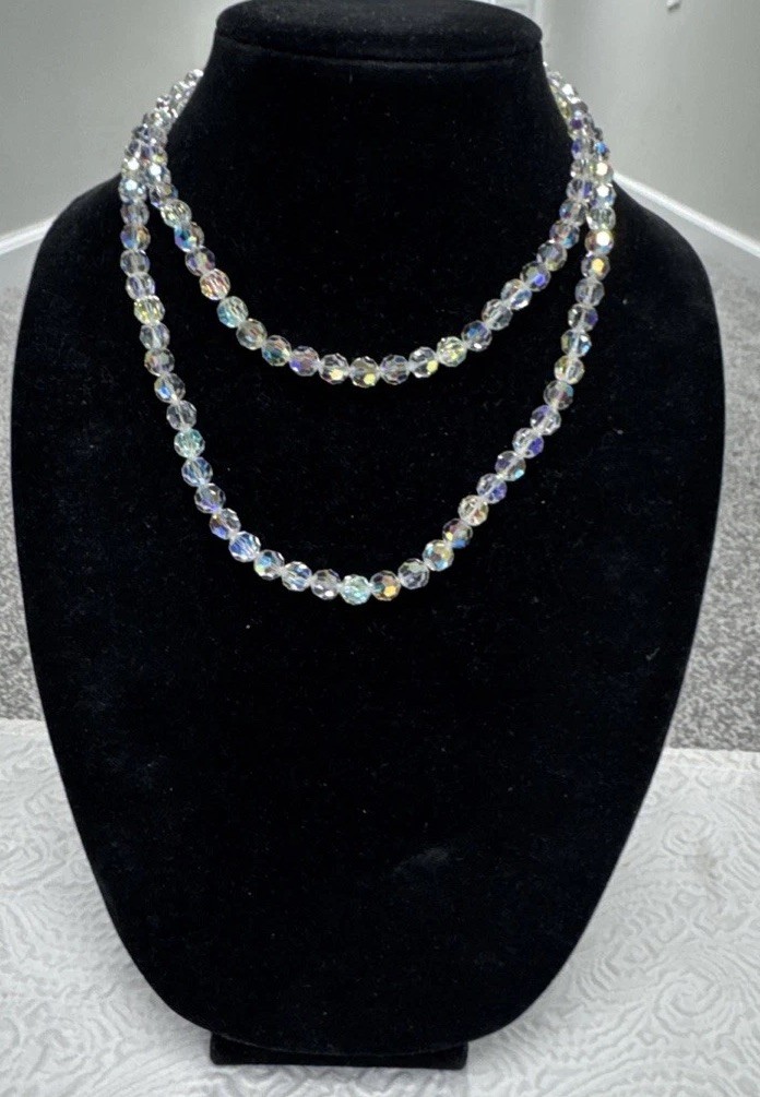 Vintage 1950-60s Czech Faceted Bicone Crystal Aurora Borealis Beaded 36”Necklace