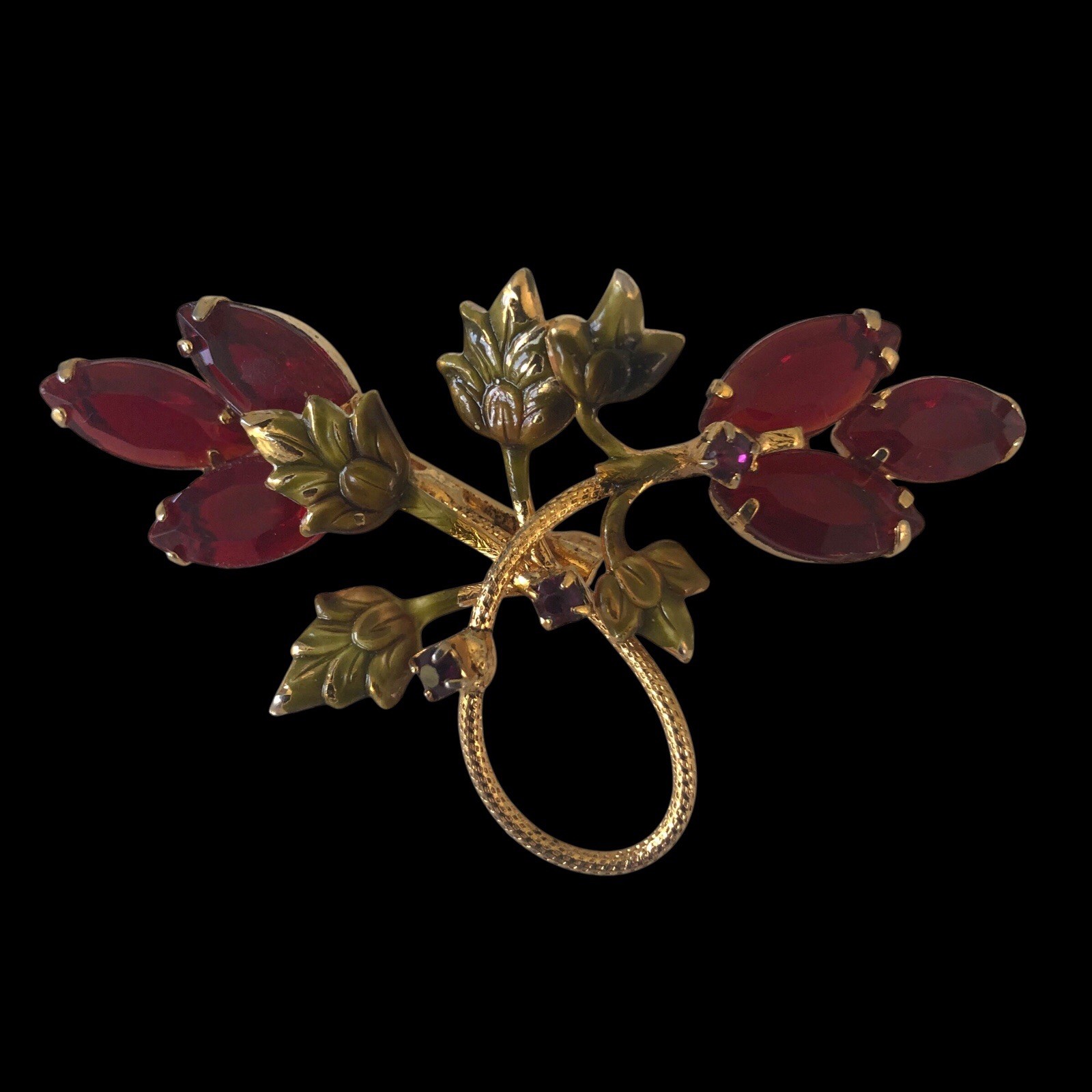Vtg Delicate Enameled Gold Tone Metal Red Stones Prong Setting Floral Brooch Pin