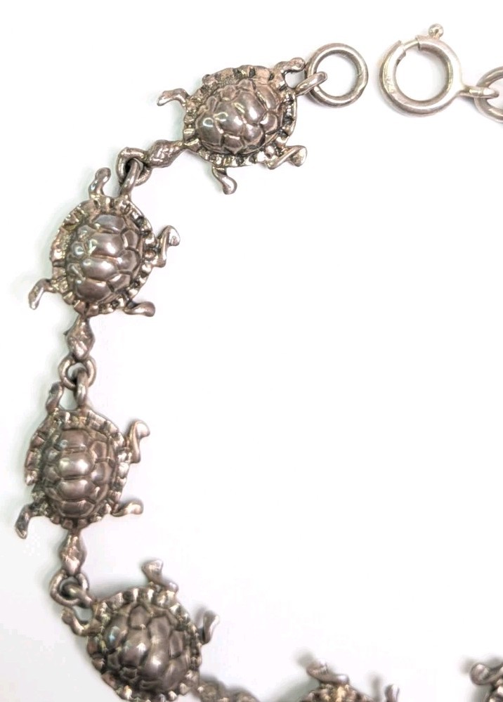 Turtles In A Row Bracelet Sterling Silver 7.75″ Turtle Link Tortoise Gift 11gram