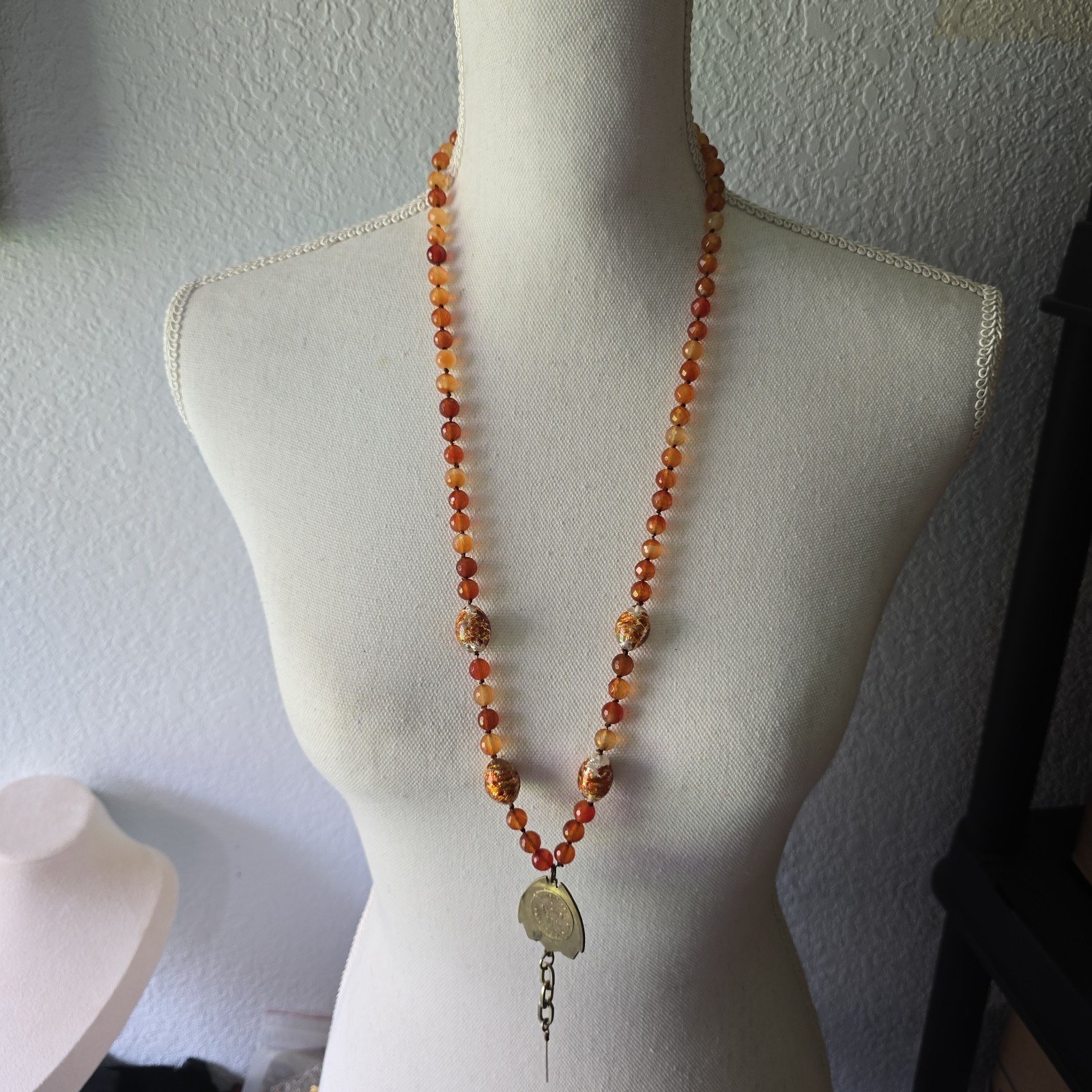 Vintage 1950 Bronze Art Nouveau Style Pendant Faceted Agate Foil Glass Necklace