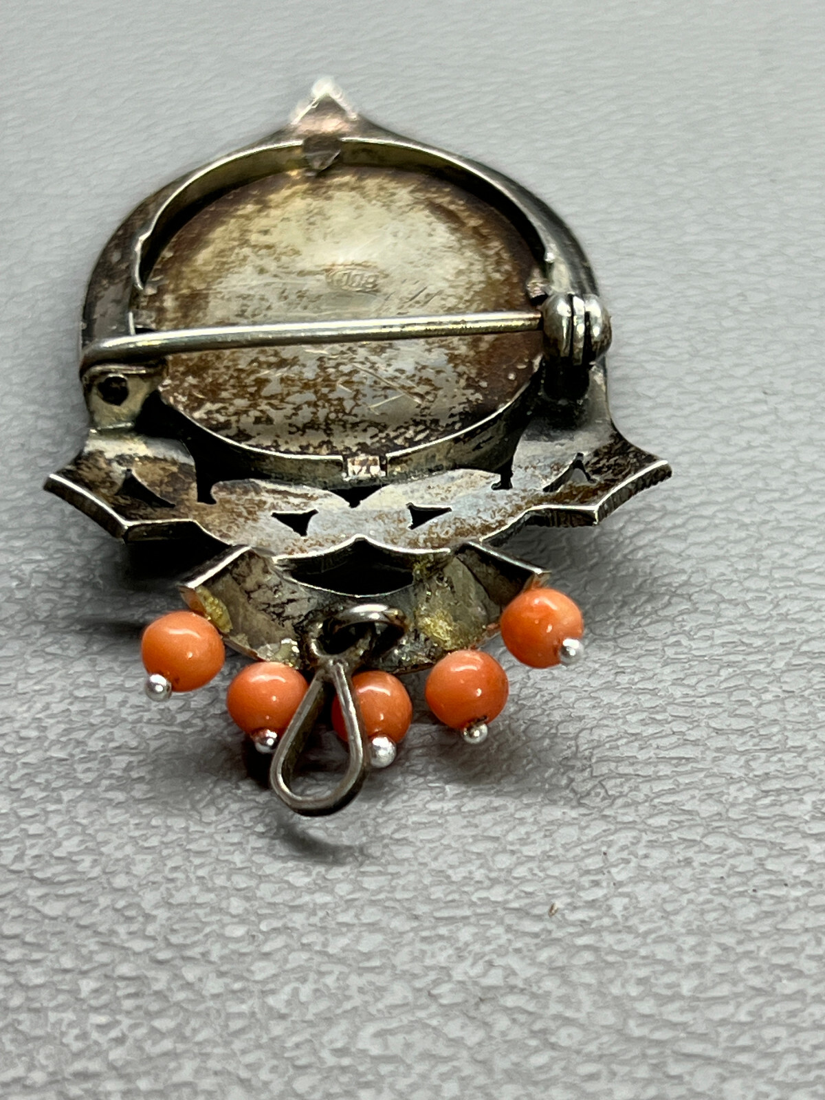 Victorian Pendant Brooch 800 Silver Virgin Mary Marcasite & Coral Hand Painted