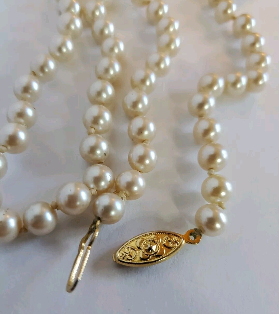 Faux Pearl Necklace with Gold Tone Fish Hook Clasp