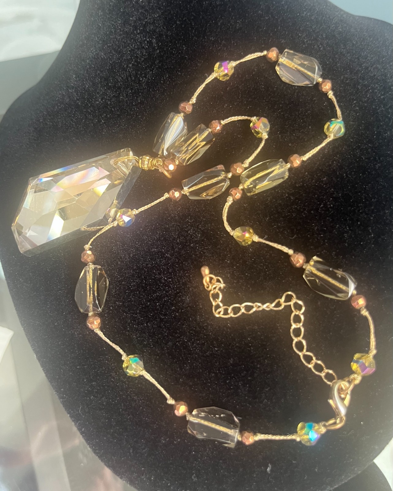 Vintage Style Champagne Faceted Crystal Pendant Neckclace Statement Big Drop 13″