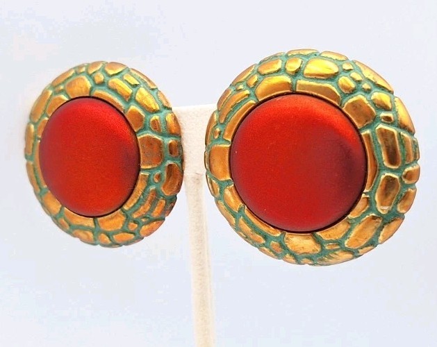 VTG Lg Chunky Statement Button Matte Cabochon Pierced Earrings Southwestern 80’s