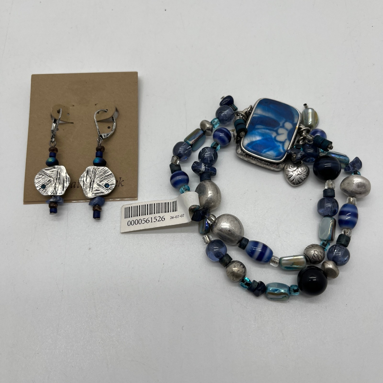 Coldwater Creek Blue Briolette Stone Double Strand Bracelet & Earrings Floral