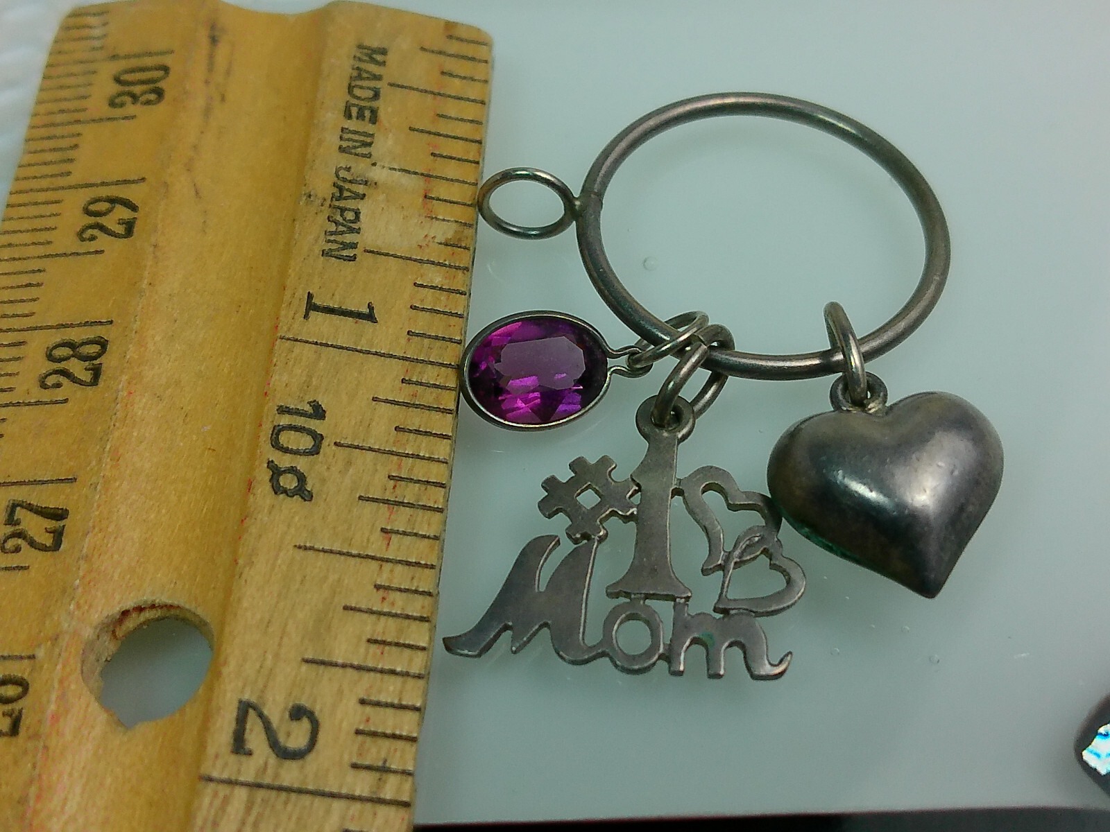Vtg Sterling Silver #1 Mom Puff Heart Pink Glass Stone Charms Round Holder Lot
