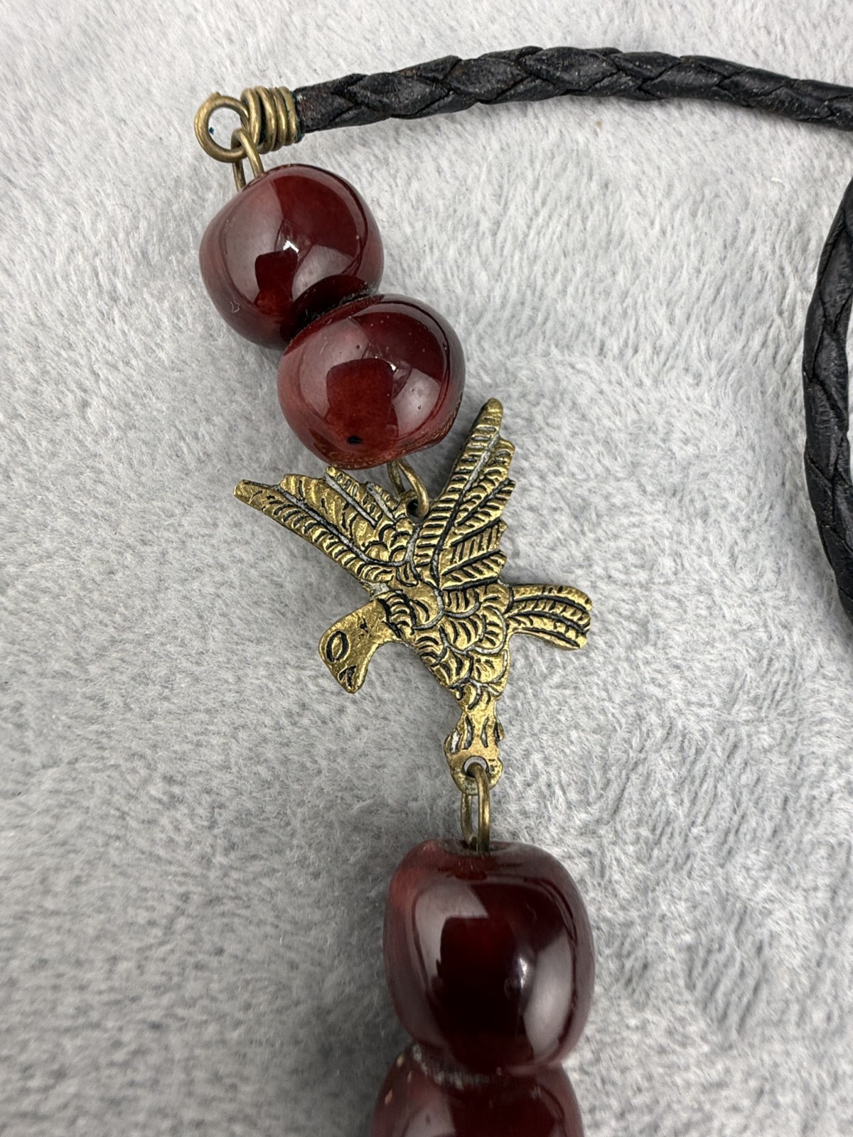 Vintage Peruvian Coin Necklace Leather Cord Red Beads Eagle Gold Tone 23″