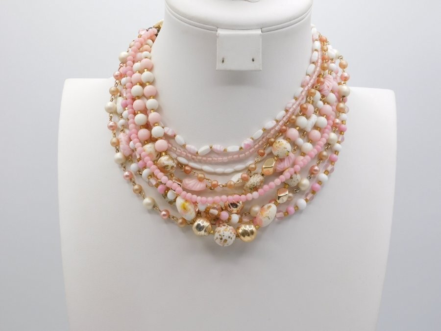 A808-VINTAGE NECKLACE~BEADED/MULTI STRAND~BOHO/CHIC~GLASS/METAL~14″-16″