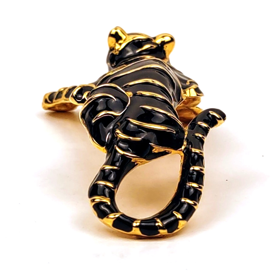 Tiger Brooch Black Enamel Gold Colored Metal Stripes Green Rhinestone Eyes 4.5″