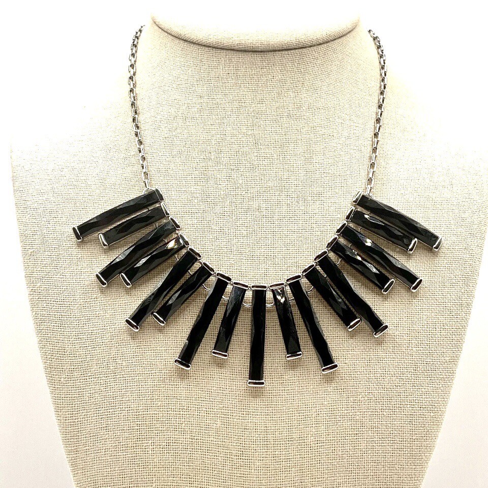 Vtg WHBM Silvertone Necklace Choker Bib Black Steam Punk Boho Gothic Retro G
