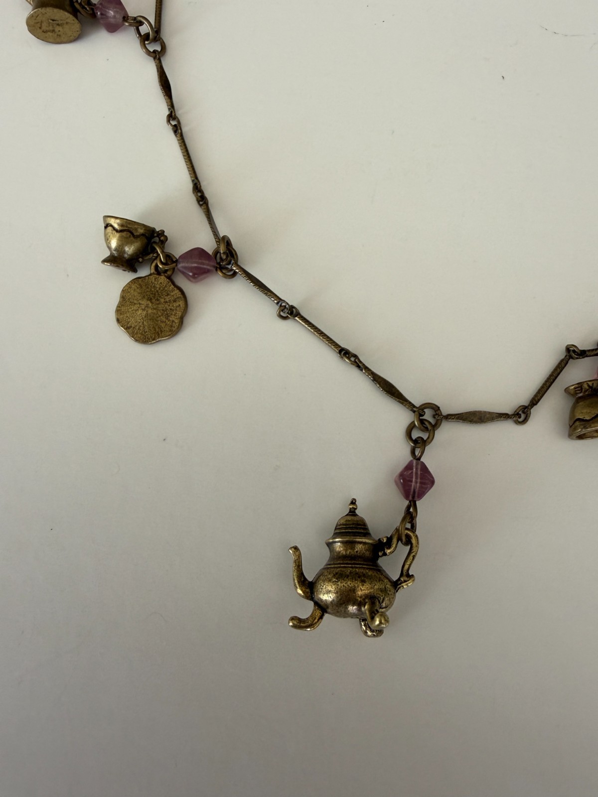 Sweet Romance USA Bronze Tone Teapot Charm Necklace w/Rose Crystal Beads 27″