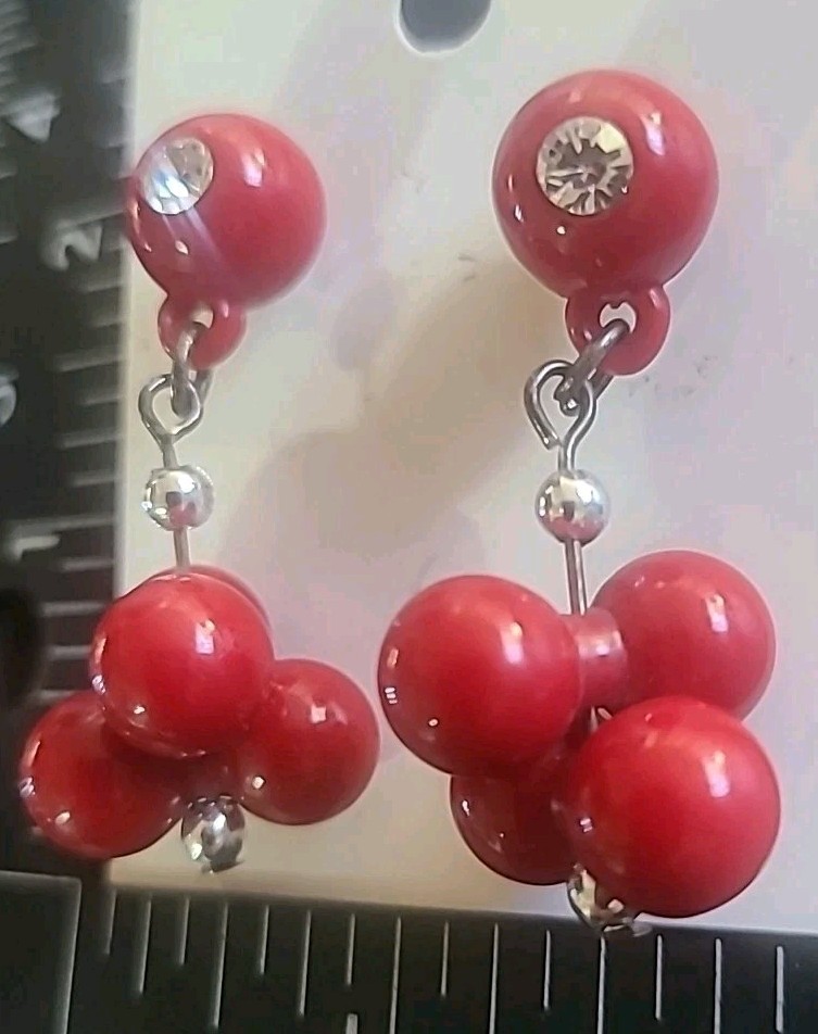 Red 60’s Mod Abstract Cherries Drop Earrings Crystals 2″ 80’s