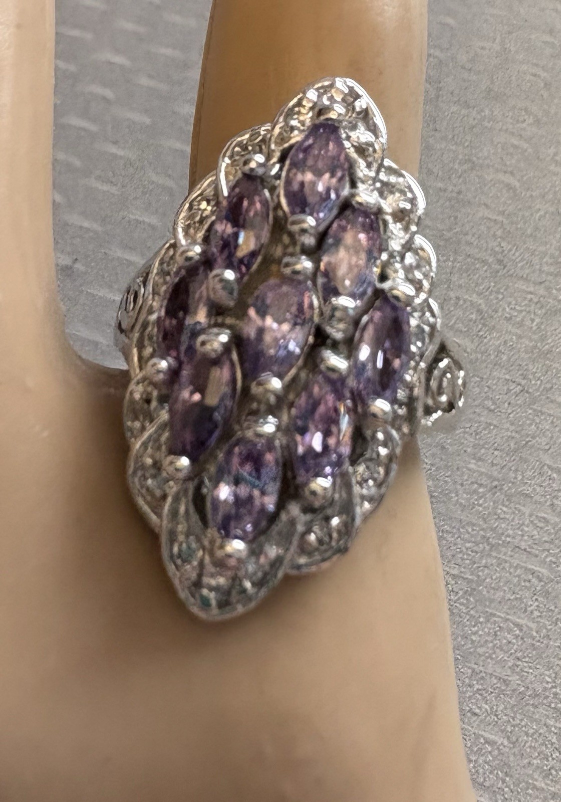 Vintage Sterling Silver Lavender Amethyst Marquise Gem Cluster Ring 925 size 6.5