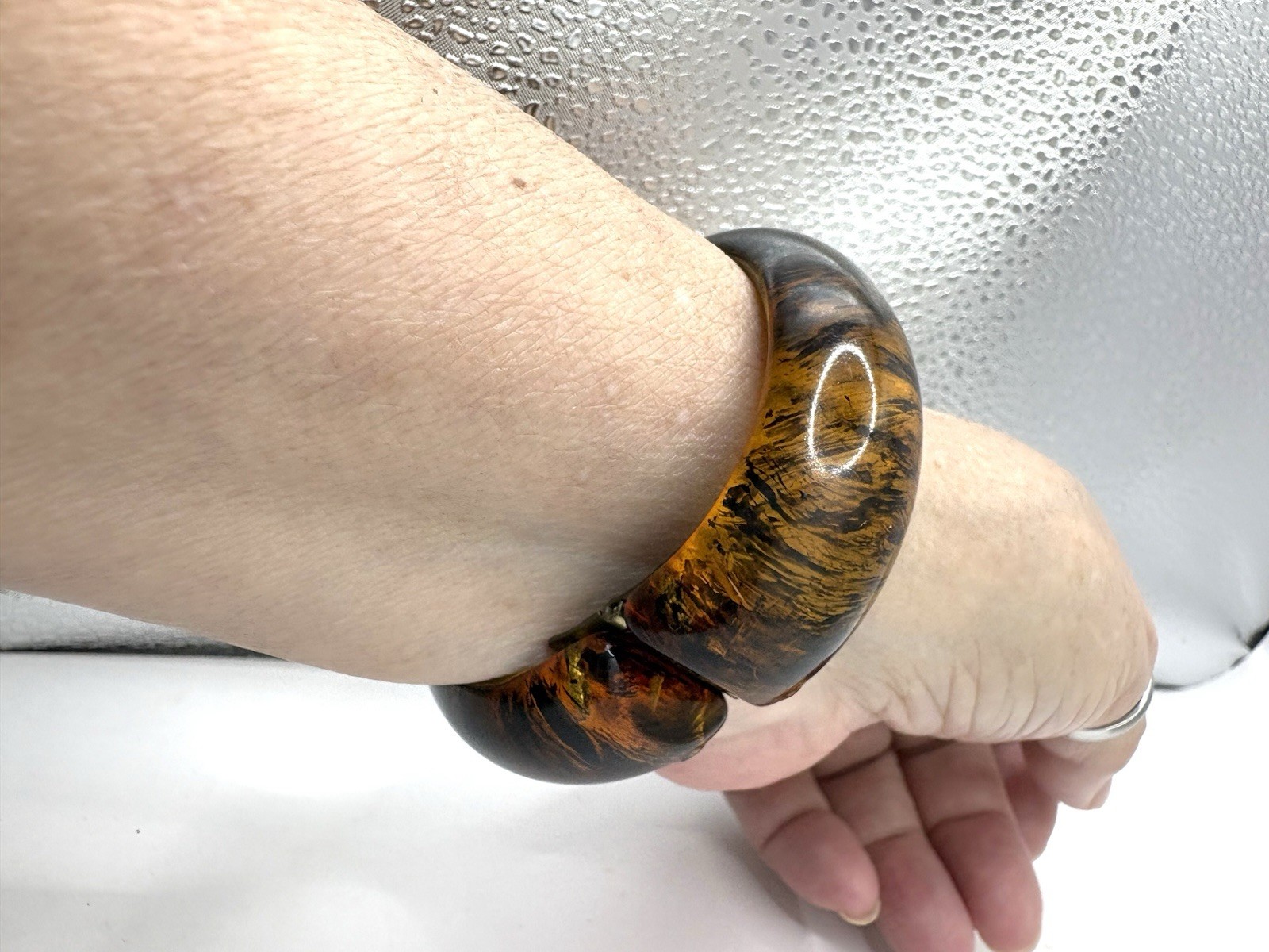 Rutilated Amber Resin Hinged Bypass Cuff Bracelet 6-6.5”