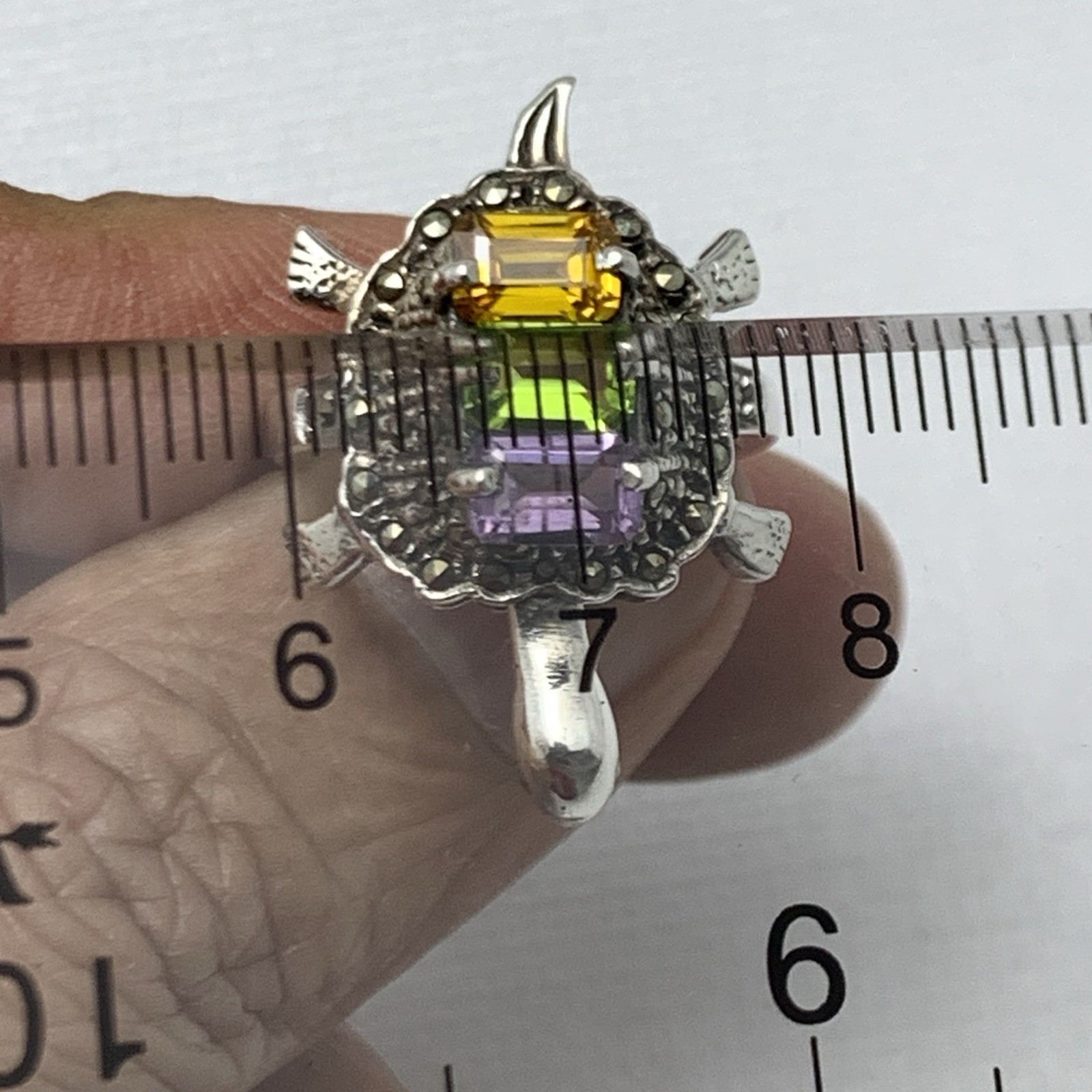 Vtg Turtle Ring w Moving Head 925 Sterling Silver Multi Colored Gem / Marcasite