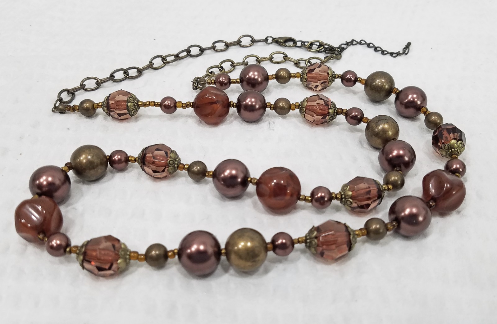 Vintage Brown Acrylic Crystal Cognac Geometric & Brass Tone Bead Long Necklace