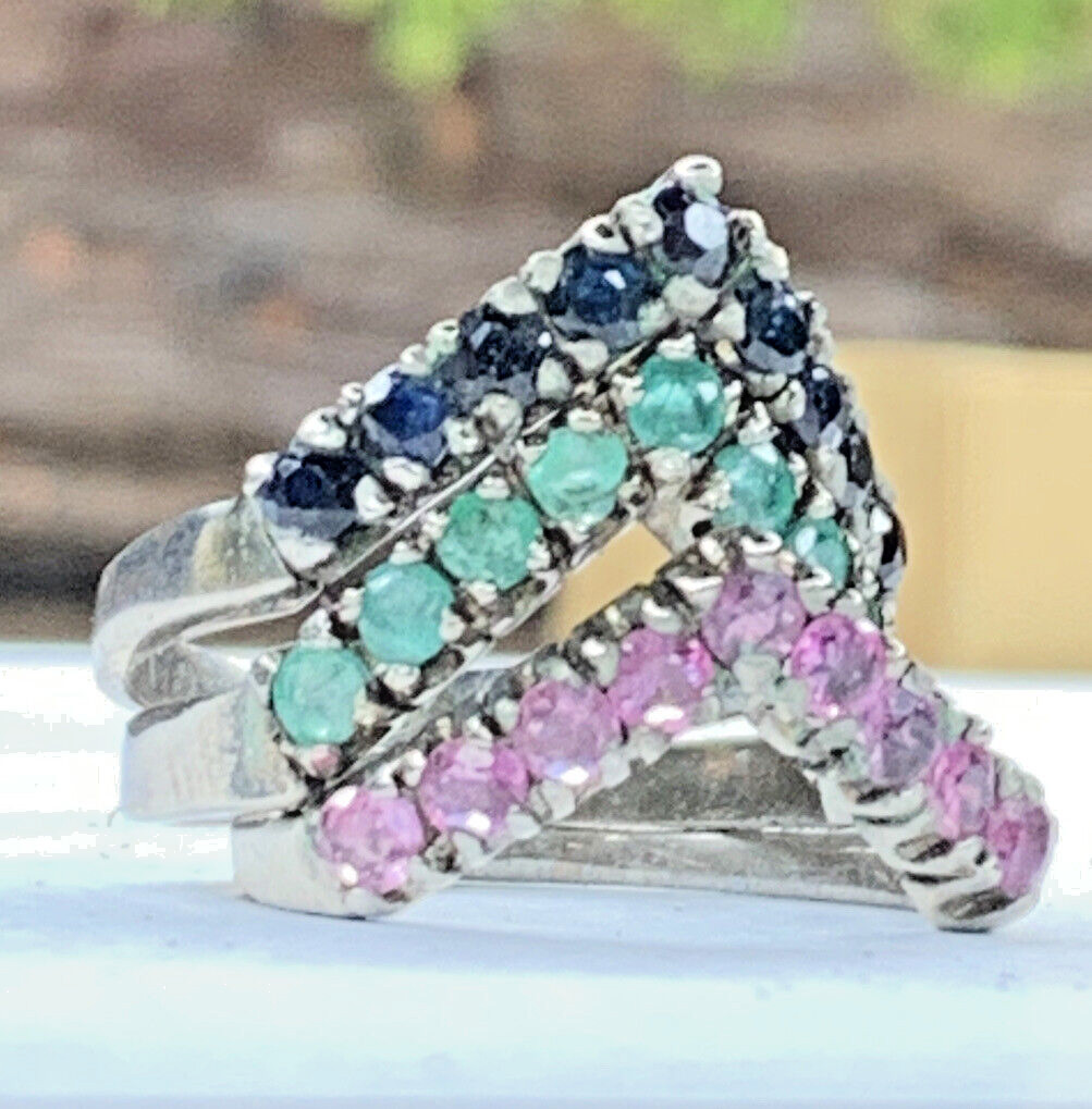 VTG Nikolas Sterling 925 Emerald Ruby Sapphire Chevron V Stackable Rings SZ 6
