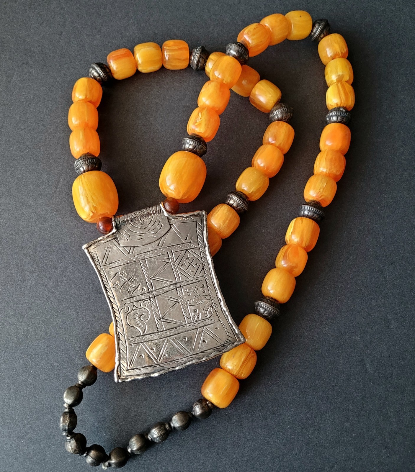 Vtg Pressed Amber Resin ? Prayer Beads Necklace Silverplate Pendant Moroccan