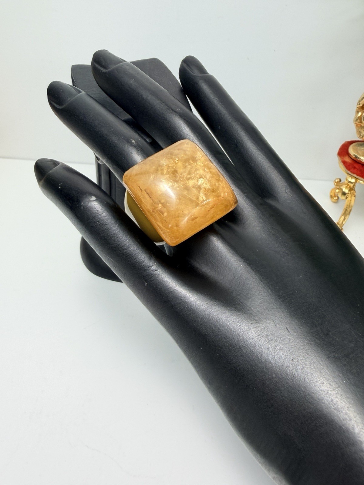Vintage Lucite Statement Ring Two-Tone Amber Resin Chunky Size 6.5