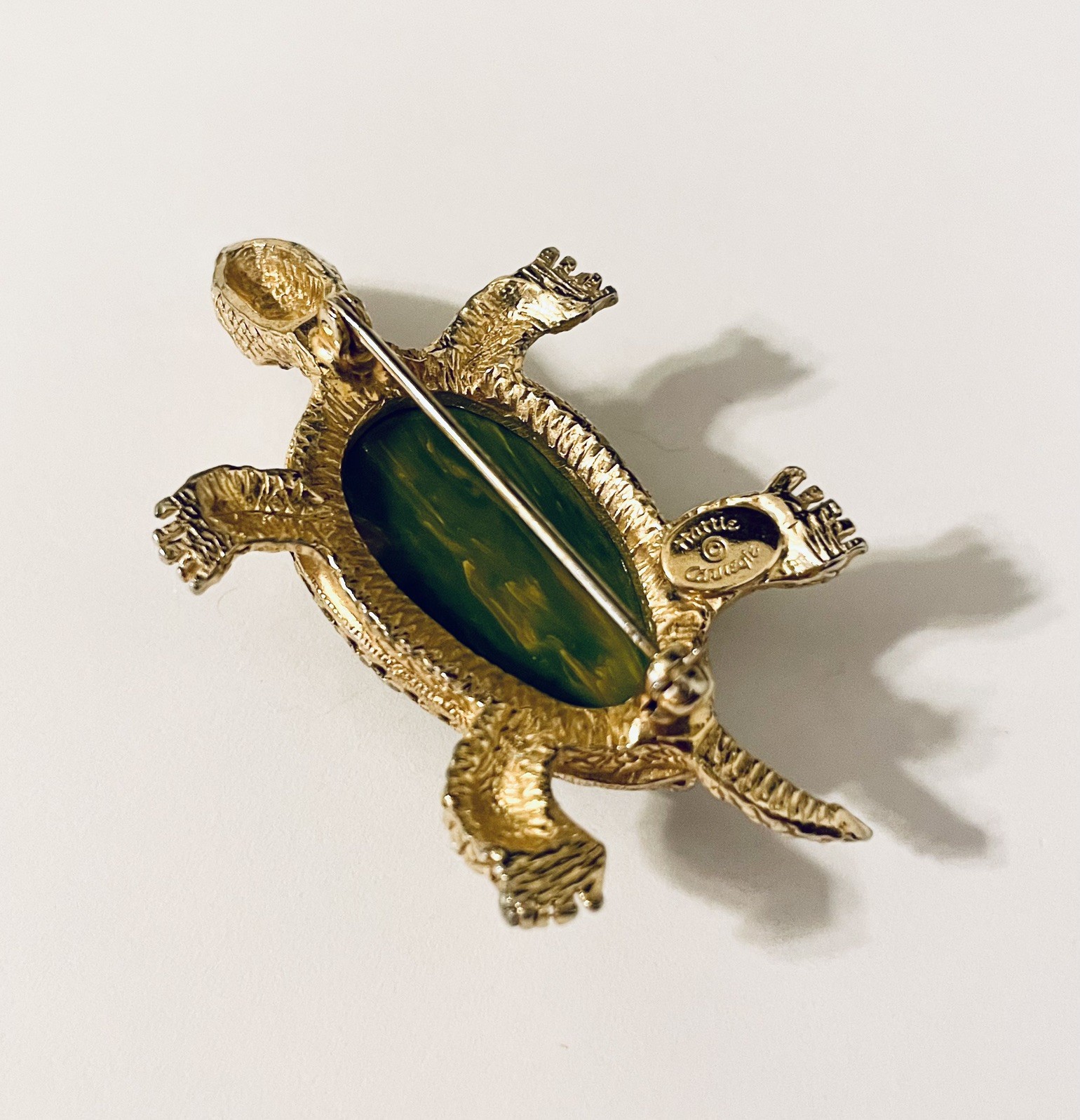 Vintage Signed HATTIE CARNEGIE Swirled Bakelite Turtle Rhinestone Brooch Pin