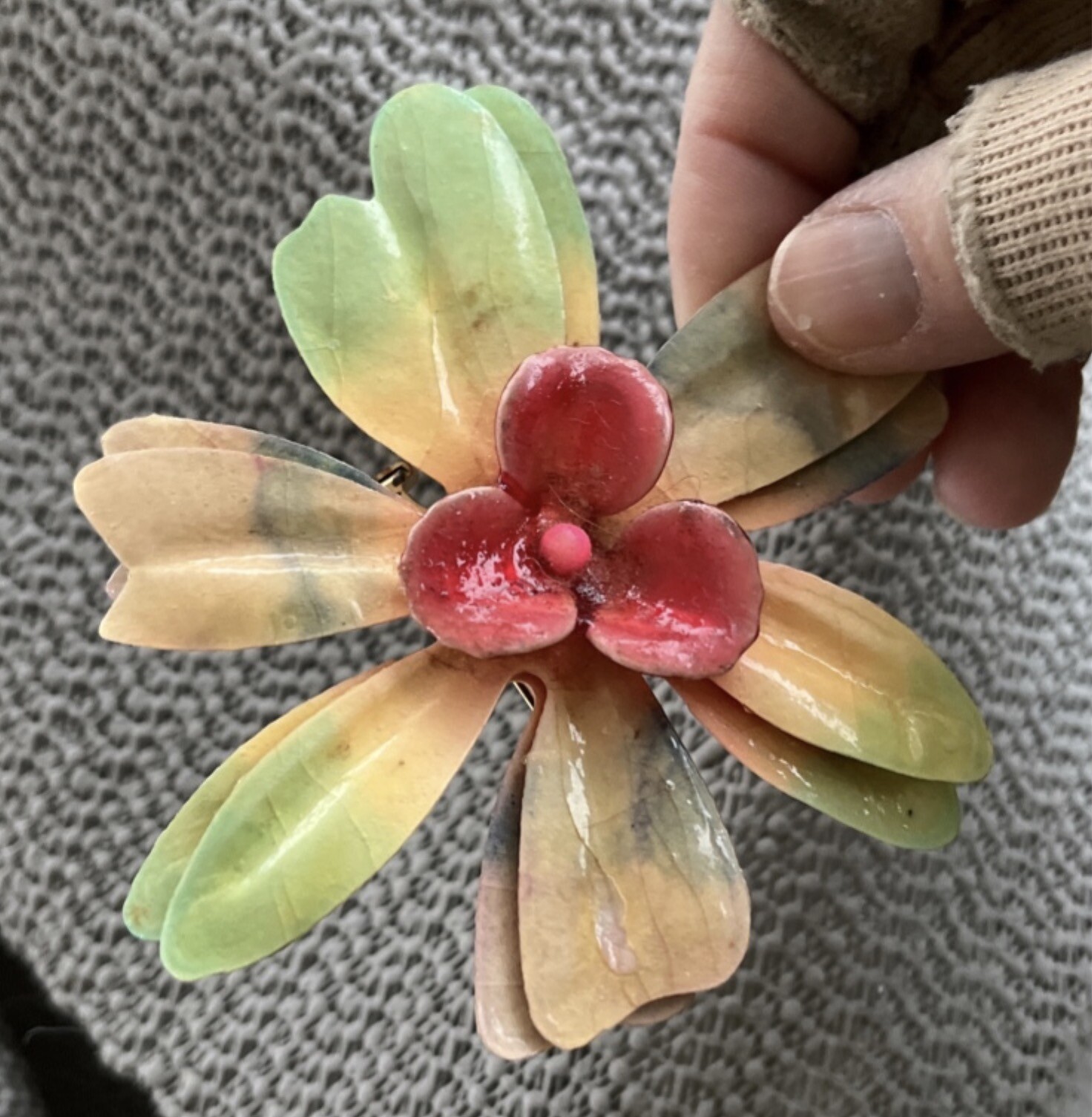 Vintage Large Enamel Flower Pin – lightweight not metal – papier mache? resin?