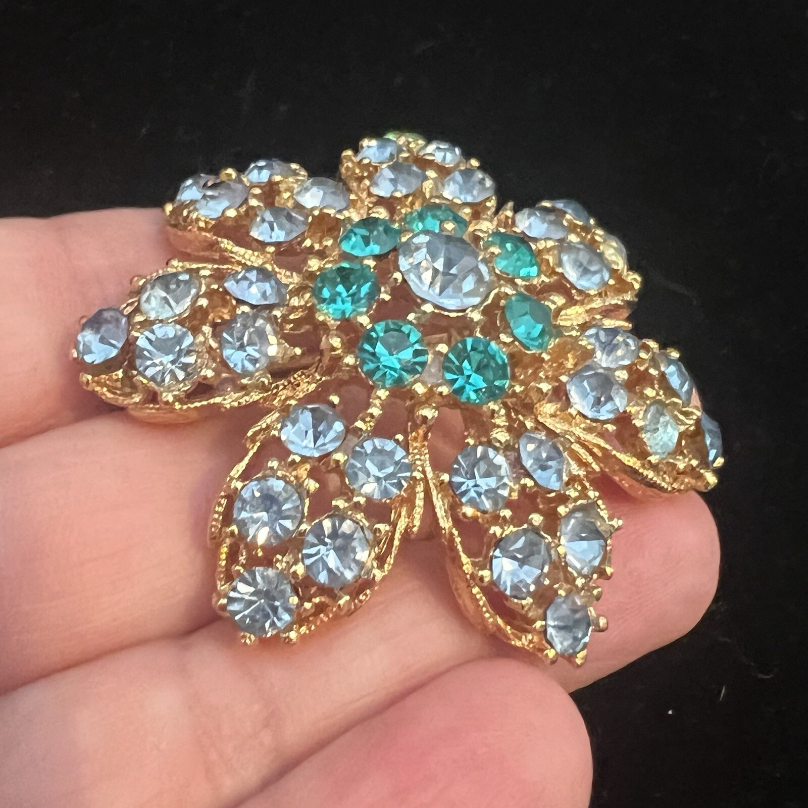 Teal Green And Light Blue Flower Brooch Gold Tone