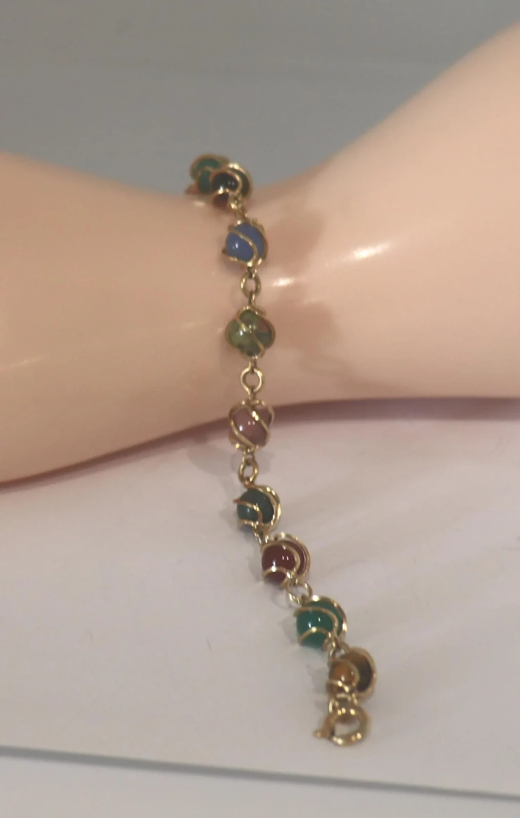 Vintage 12k Gold Filled Real Stone Bracelet Tigers Eye Carnelian Agate Jade