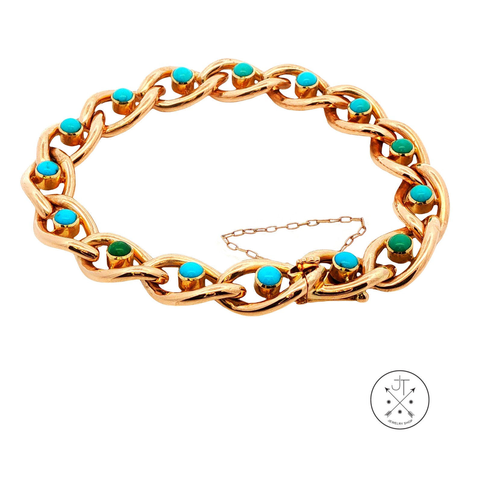 Antique 15k 15ct Yellow Gold Victorian Curb Link Bracelet with Turquoise 7.25 in