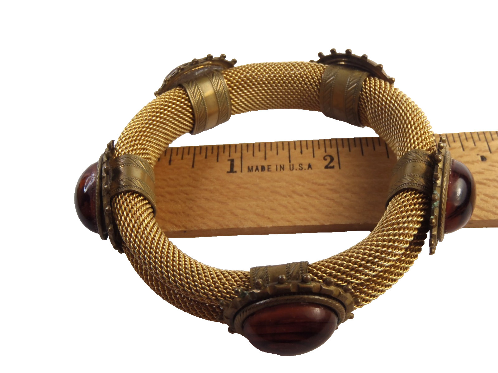 Estate Vintage Gold Toned Mesh Bangle Bracelet With 5 Stones 76 Grams 7 1/2″