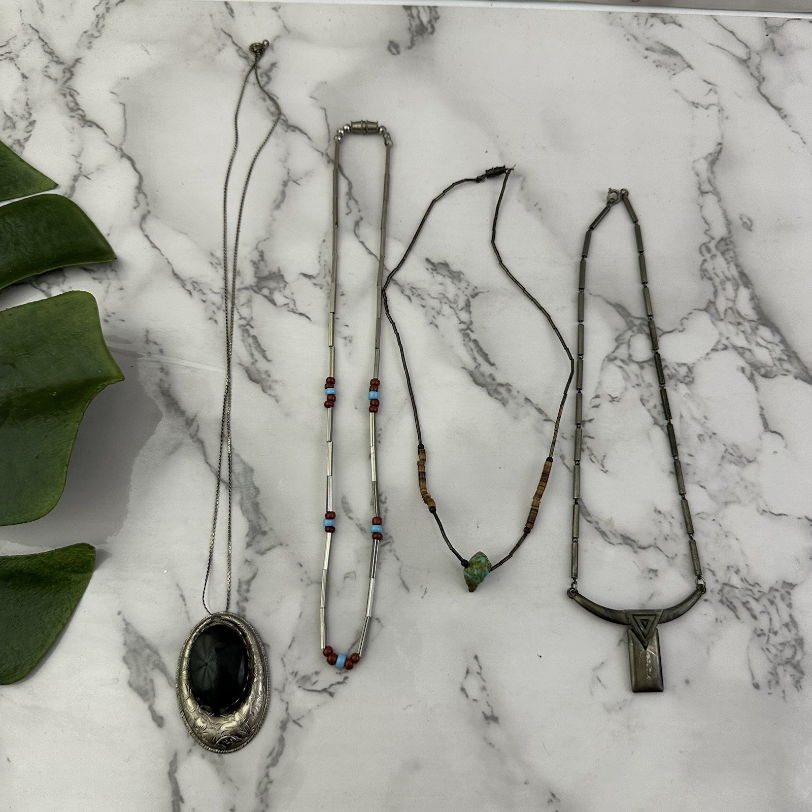 Vintage 90s Silver Tone Necklace Lot of 4 Western Boho Beaded Metal Whimsygoth