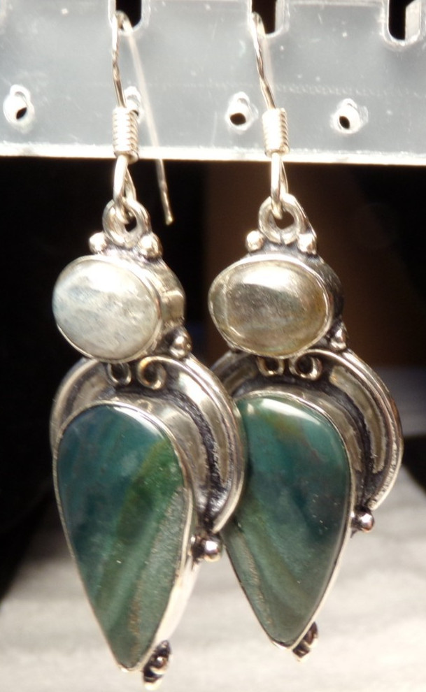 VTG STERLING SILVER LABRADORITE JASPER STONE ETRUSCAN LRG DROP PIERCE EARRINGS