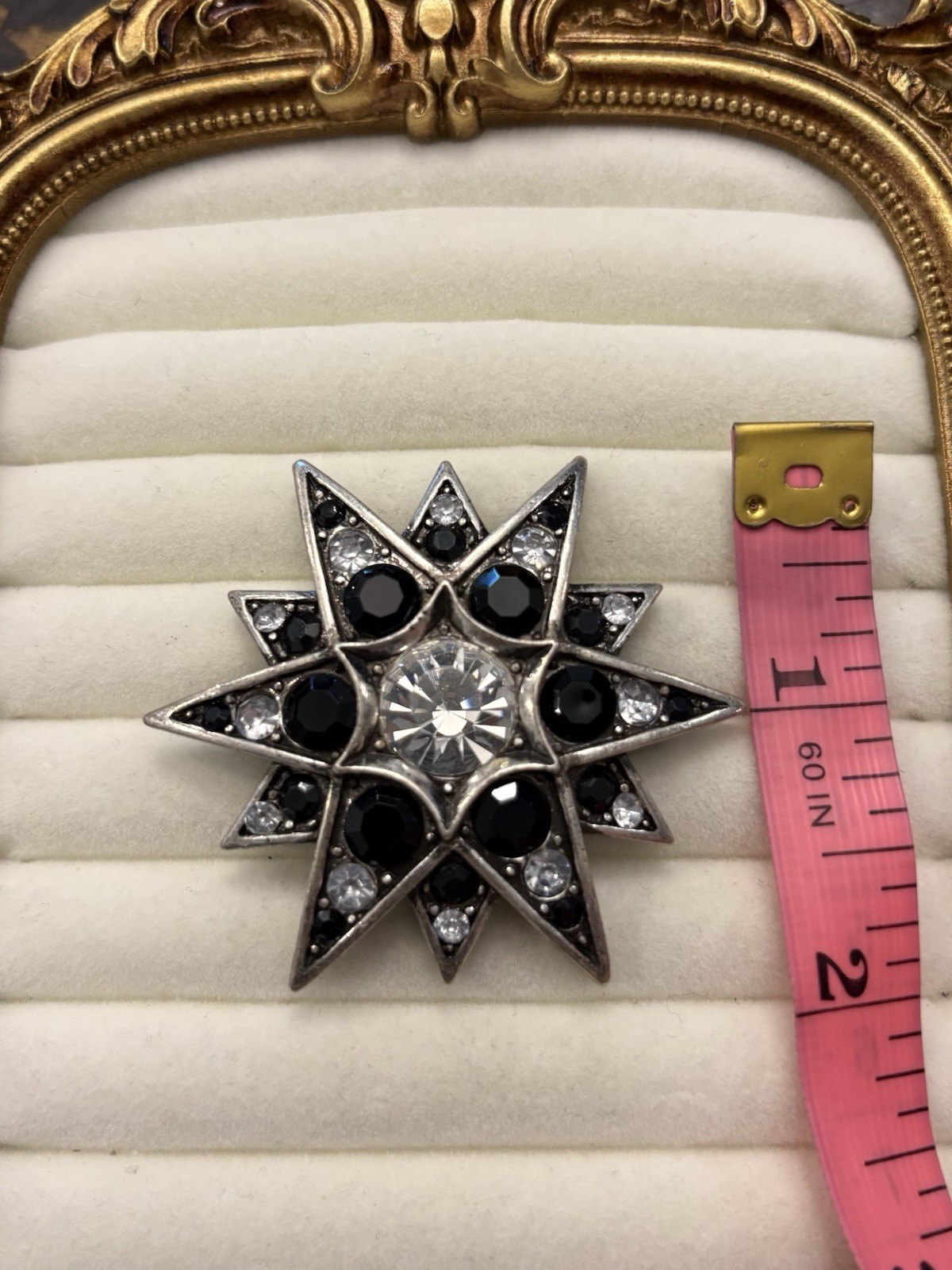 Vintage Silver Tone Starburst Brooch Pin Black Clear Rhinestones Victorian Goth