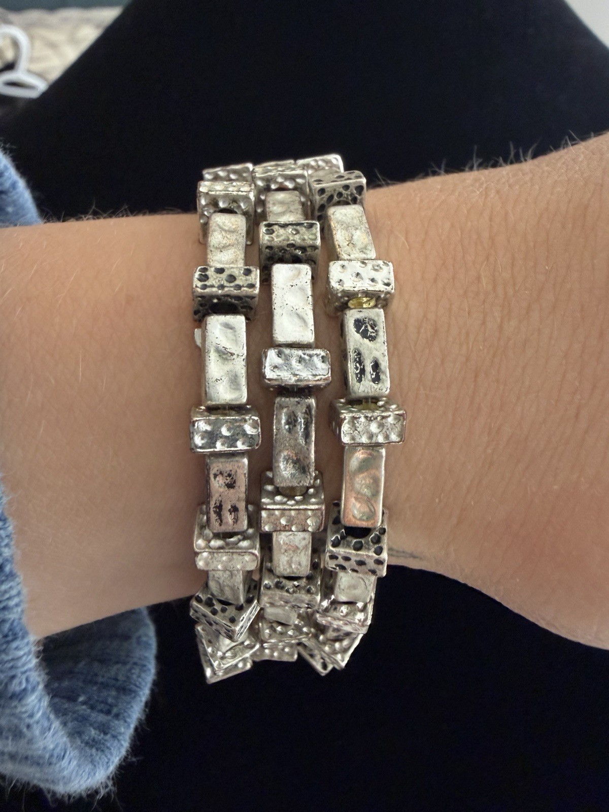 Vintage Silver Tone Triple Row Stretch Bracelet Hammered Brutalist Modernist