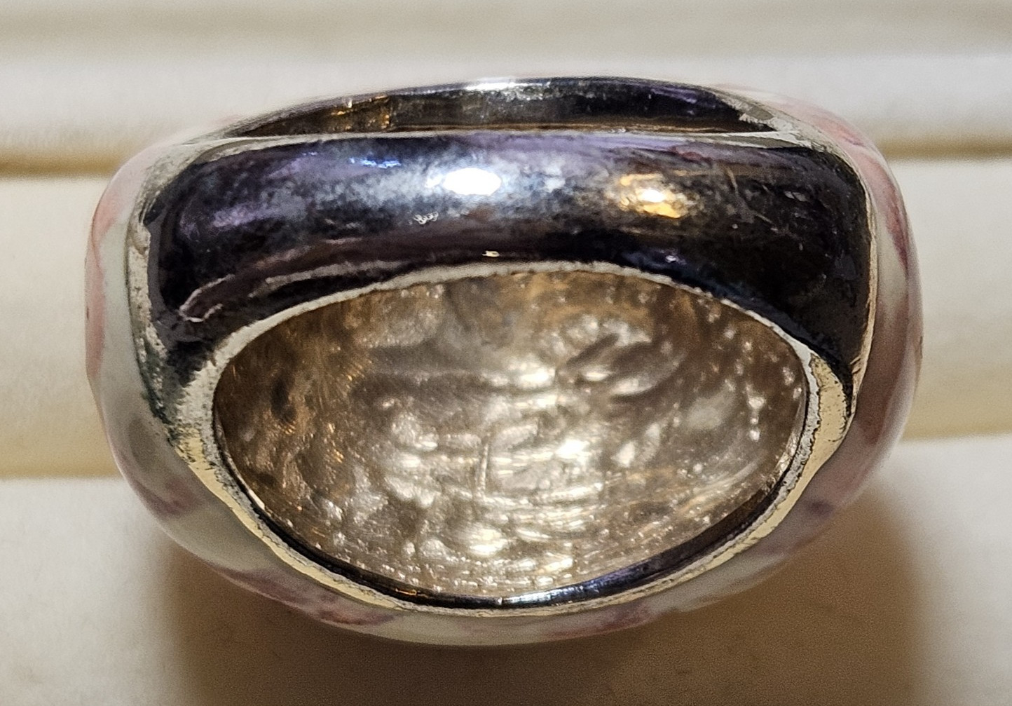 Chunky Vintage Silver Tone Ring w/ Floral Ceramic Center Pinks & Purples Sz 7