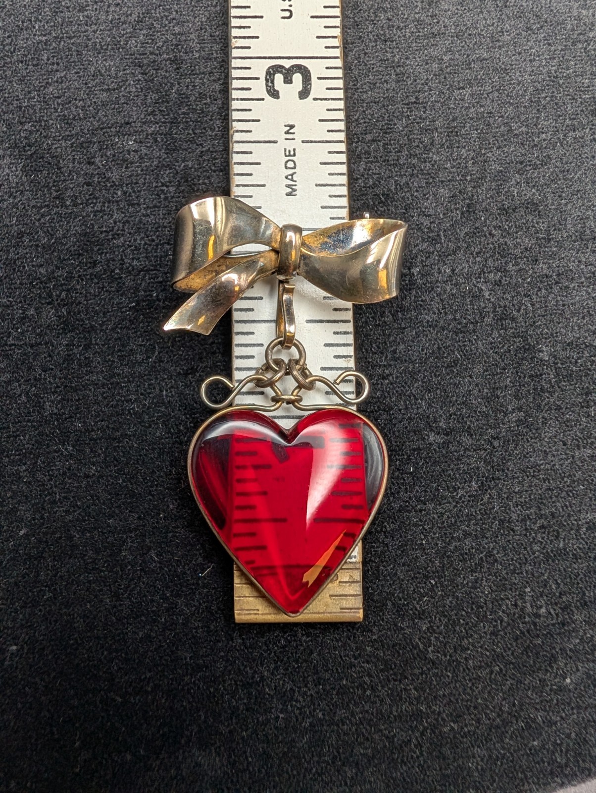 Beautiful Vintage Brooch/Pin Bow w/ Red Heart Pendant 1/20 12K GP Over Silver