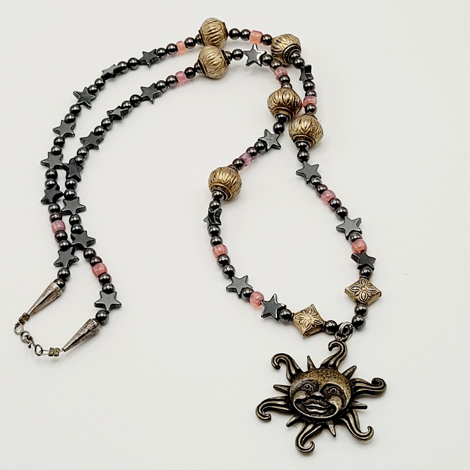 Celestial Sun Stars Black Hematine Bead Pendant Gold Tone Cone Ends Necklace