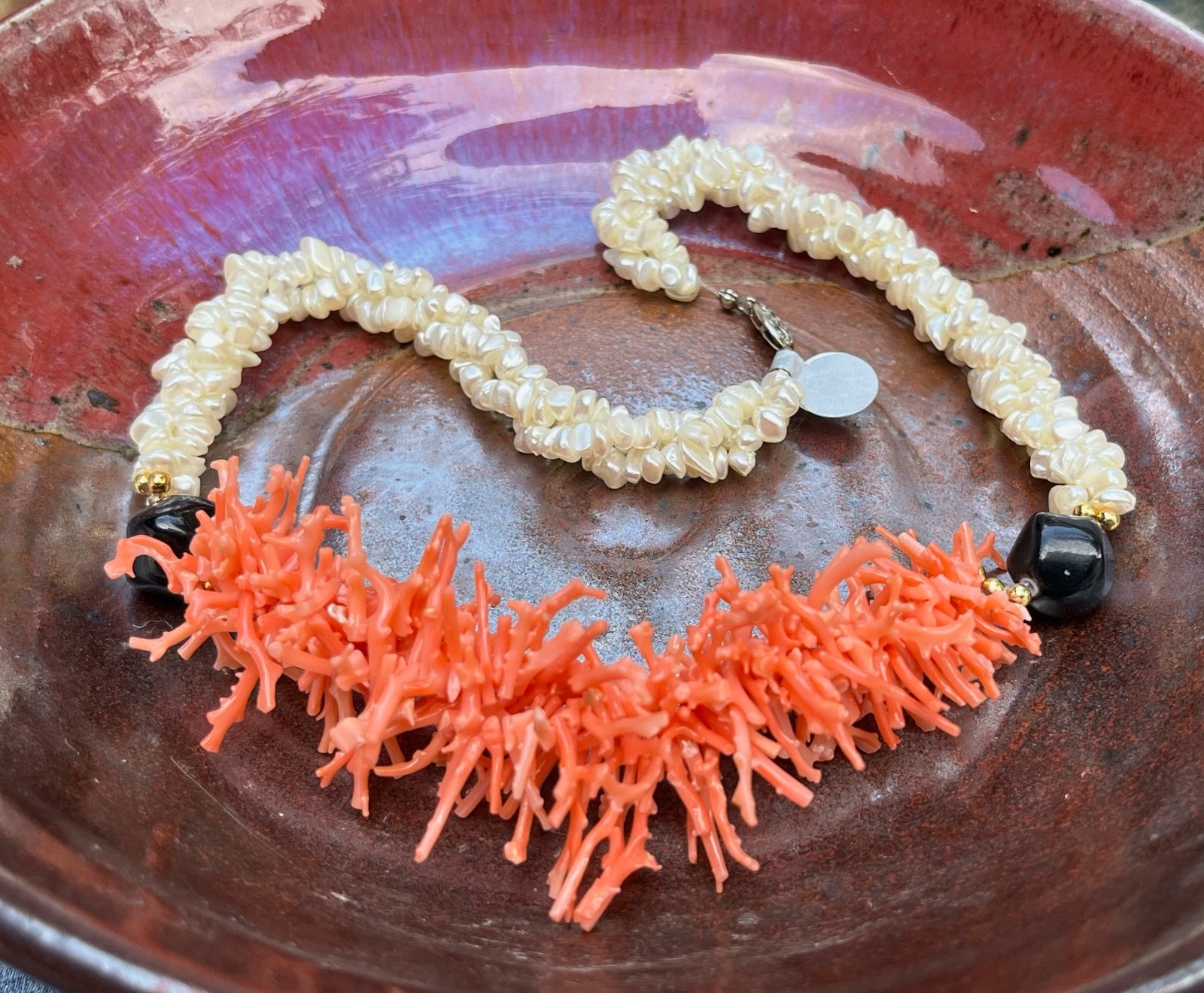 VINTAGE Faux Branch Coral & Fresh Water Pearl Cluster Statement Choker Necklace
