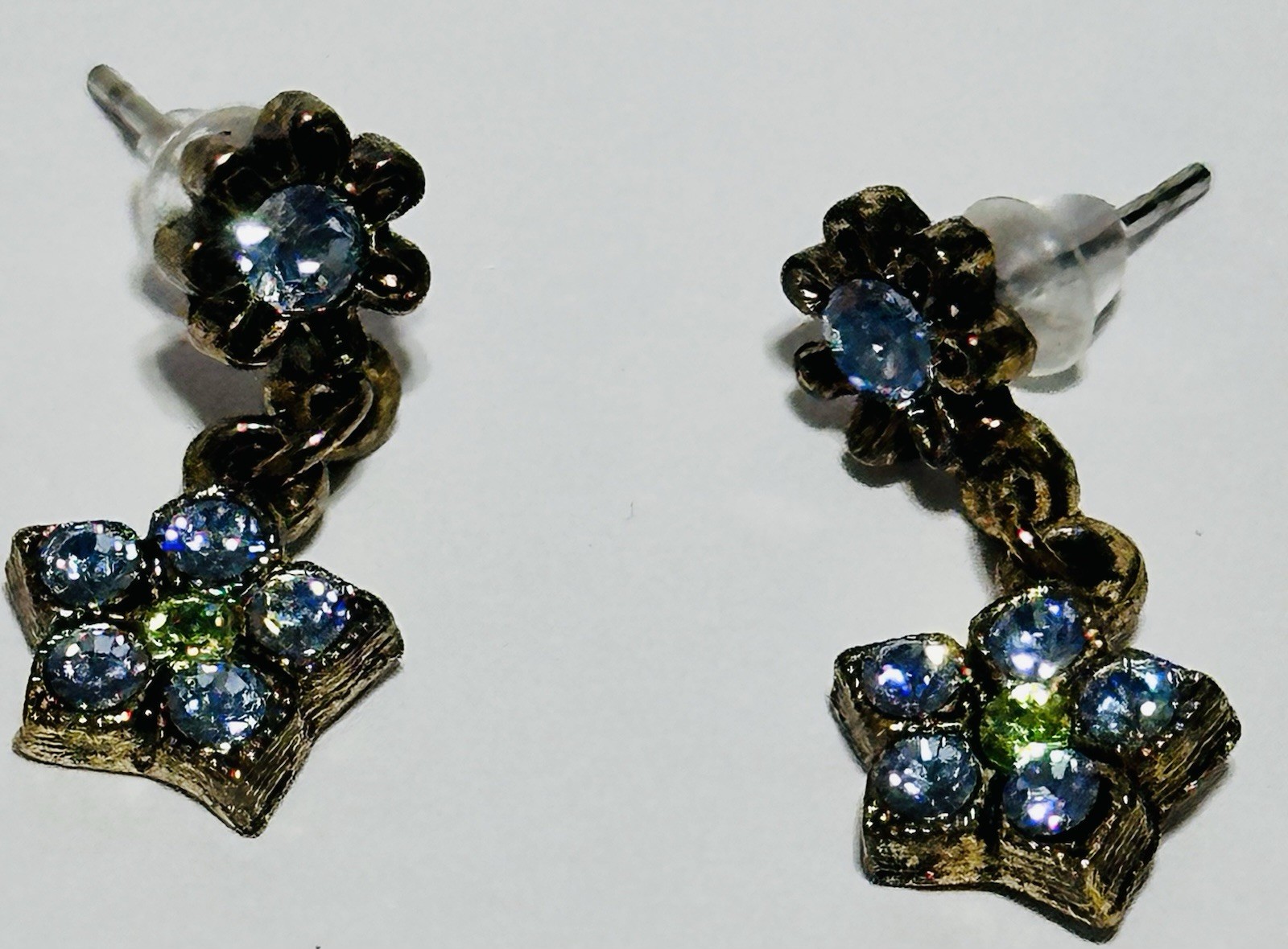 Antique Gold Tone Flower Dangle Earrings Blue And Green Rhinestones 3/4 In